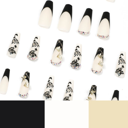 Long Minimalist Black-Edge French Nail Art Tips with Butterfly Rhinestones-Homeunderwear