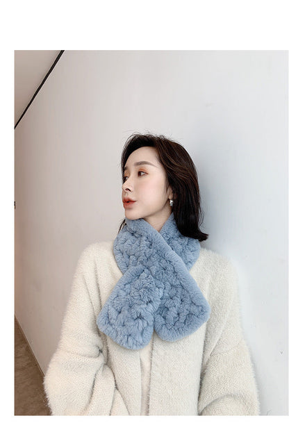 Real Rabbit Fur Scarf with Diamond Pattern - Winter Warmth