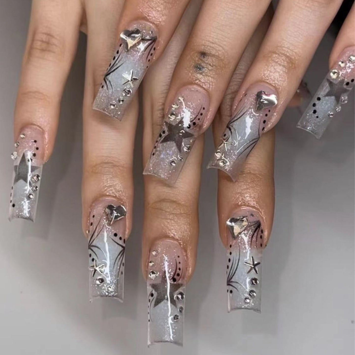 Ice Blue Blush Ombre Diamond Star Curve Nails