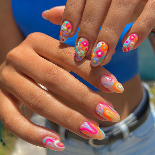 Rainbow Striped Nail Tips with Mini Flowers