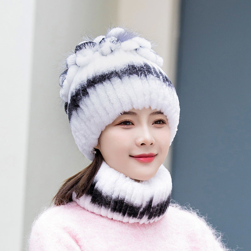 Warm Real Rabbit Fur Ear Flap Hat & Scarf Set