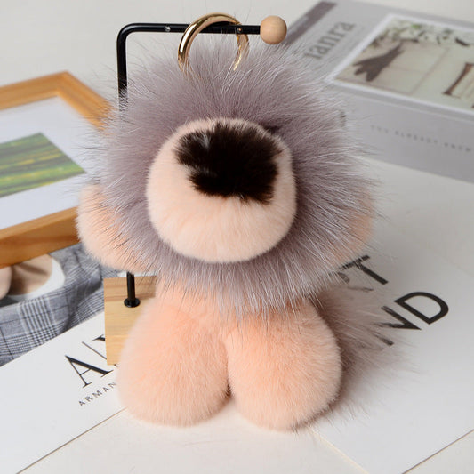 Cute Fuzzy Lion Charm - Real Rabbit Fur Keychain & Gift