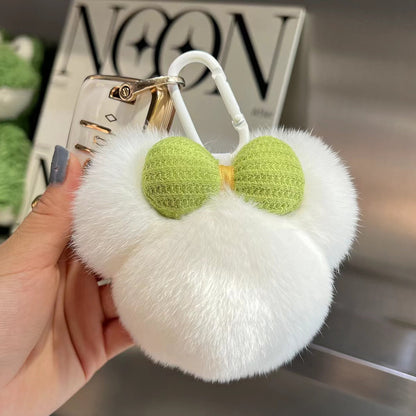 Cute Real Rabbit Fur Mickey Head Keychain with Bow