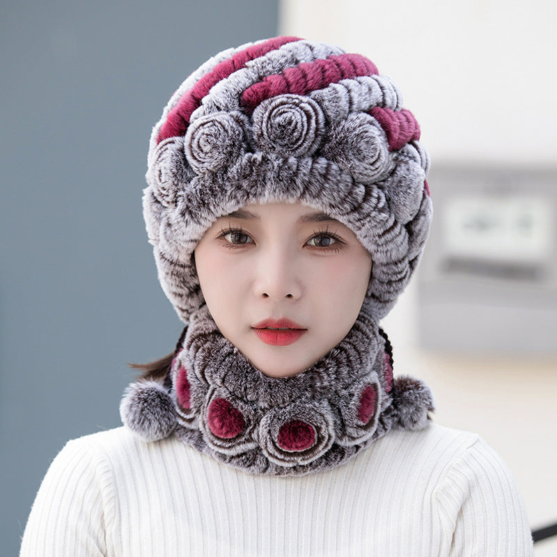 Warm Real Rabbit Fur Ear Flap Hat & Scarf Set