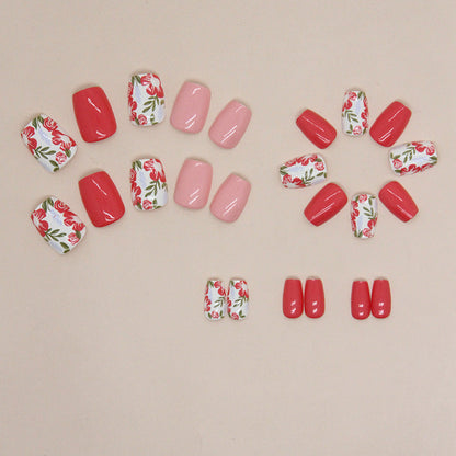 Early Autumn Soft Tangerine Red Flower Retro Nails