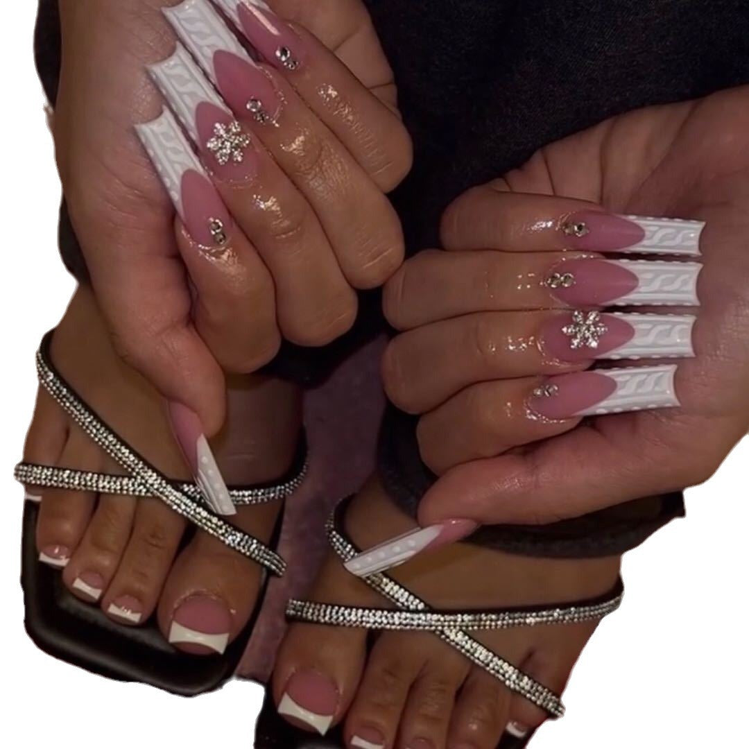 3D White French Square Nails with Sparkle and Snowflakes