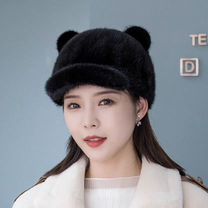 Warm Mink Fur Hat - Fox Pom Pom Baseball Cap