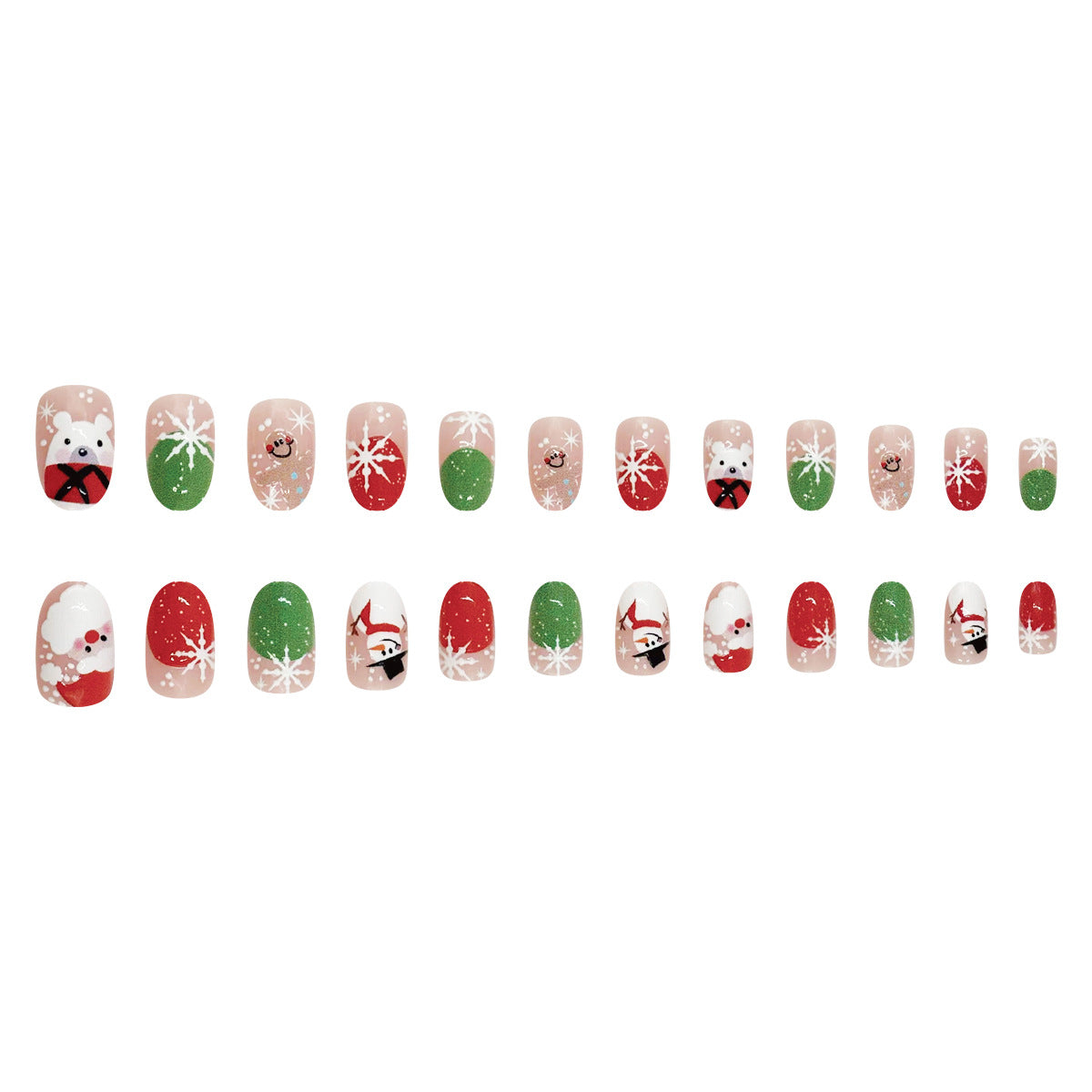 24-Piece Short Oval Red Green French Christmas Cartoon Nail Tips