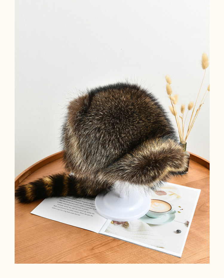 Warm Raccoon Fur Hat with Ear Flaps