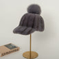 Warm Mink Fur Baseball Cap with Fox Pom Pom - Winter Fashion