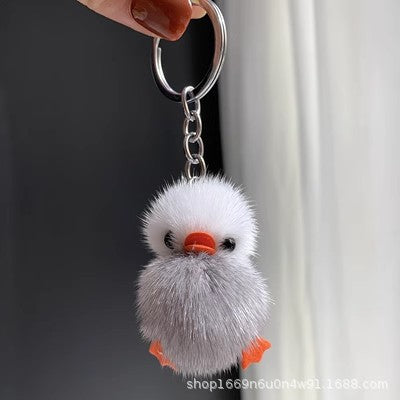 Cute Real Mink Fur Duck Helmet Keychain Plush Accessory