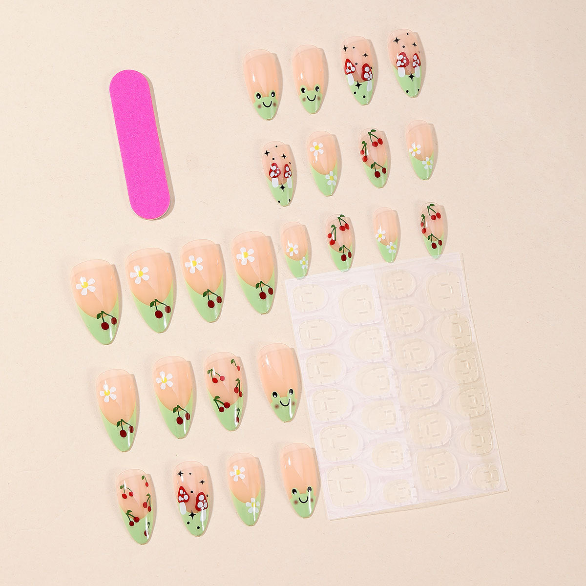 Almond Fresh Green French Cherry Blossom Frog Detachable Fake Nails-homeunderwear