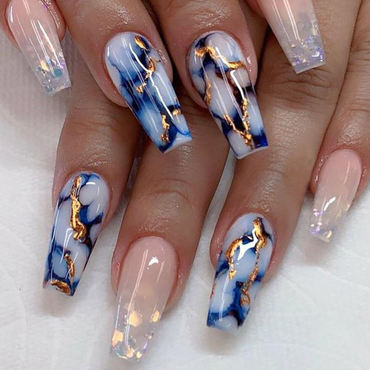 New FashionBlue Marble Mid-Length Flash Nails - Stylish and Trendy-homeunderwear