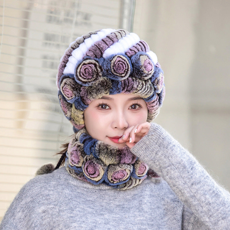 Warm Real Rabbit Fur Ear Flap Hat & Scarf Set