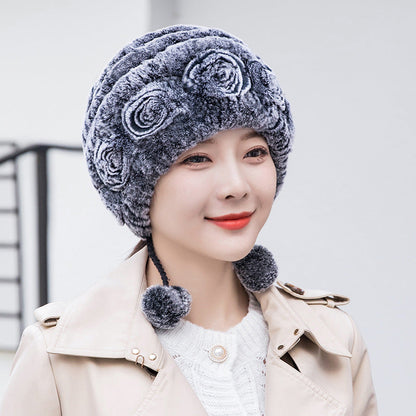 Winter Real Rabbit Fur Ear Flap Hat & Scarf Set