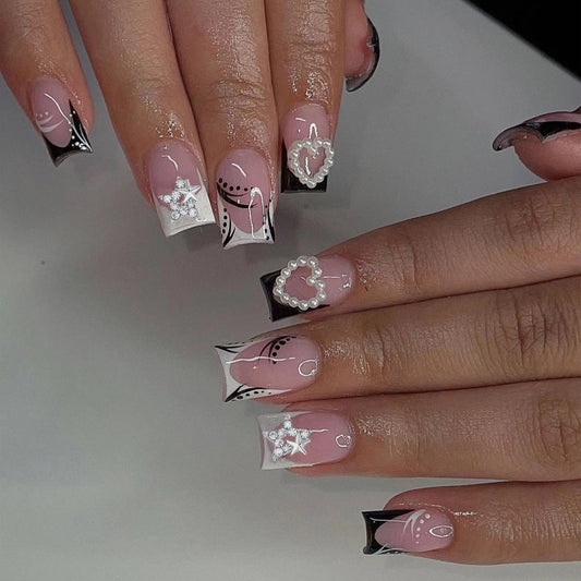 Black White Polka Dot Heart Star Decorated Short Square Nail Tips