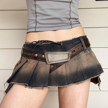 Distressed Multi-layered Pleated Denim Mini Skirt