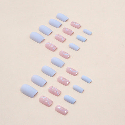 Square Mid-Length Pink Blue Gold Nails - Matte Finish, Wave Pattern