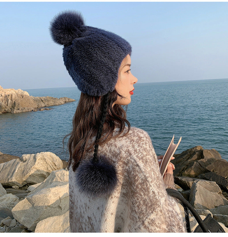 Stylish Mink Fur Hat with Fox Pom Pom