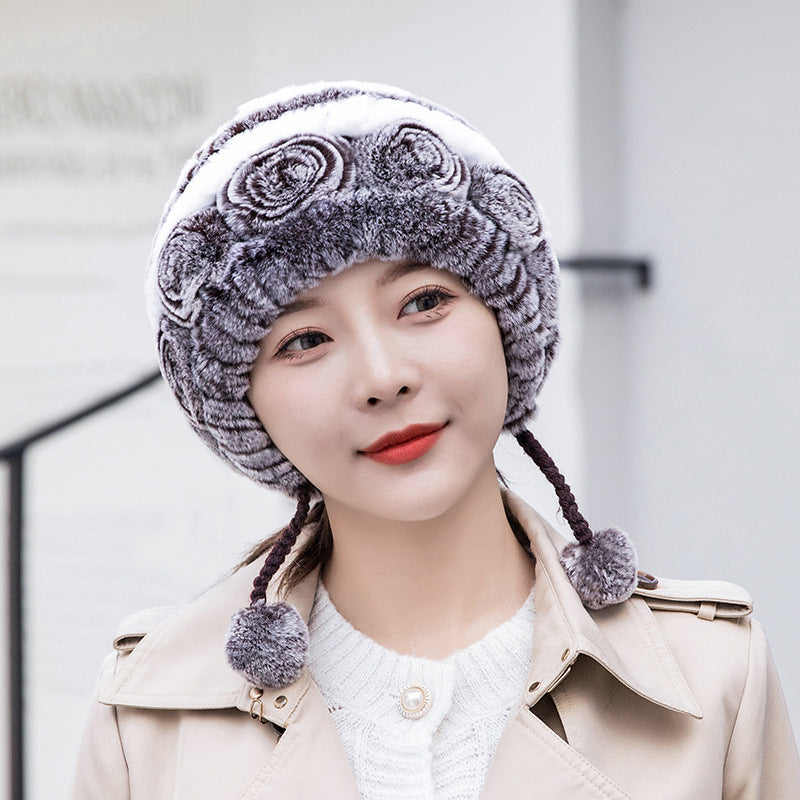 Winter Real Rabbit Fur Ear Flap Hat & Scarf Set