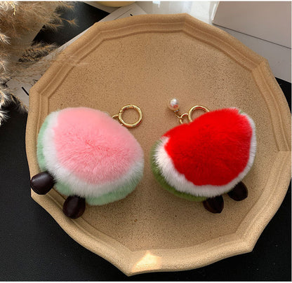 Cute Real Rabbit Fur Watermelon Charm Keychain & Phone Decor