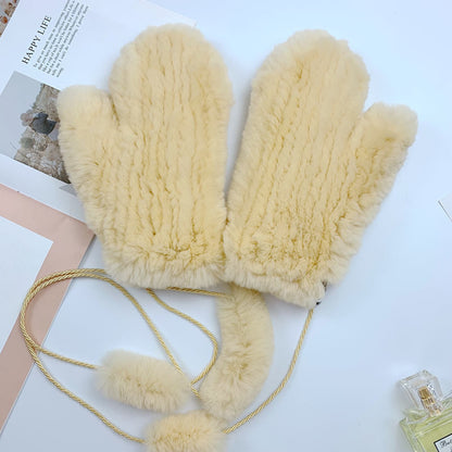 Cute Real Rabbit Fur Mittens - Winter Neck Strap Gloves"