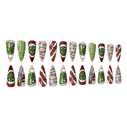 New FashionLong Pointed Grinch Christmas Nail Tips-homeunderwear