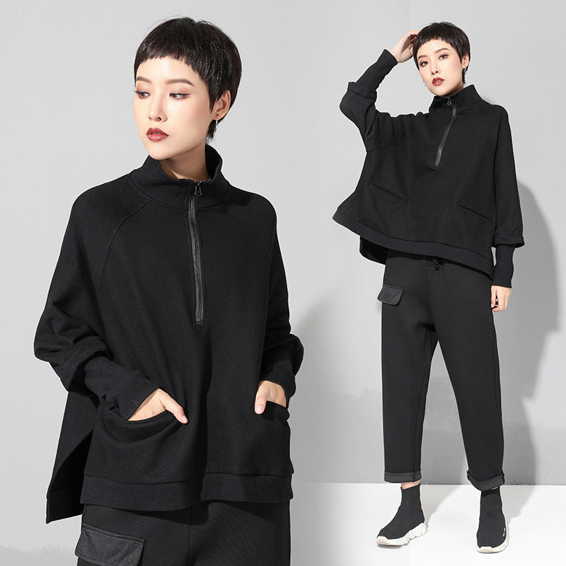 Fashion Black Zipper Long Sleeves Cropped T-shirt