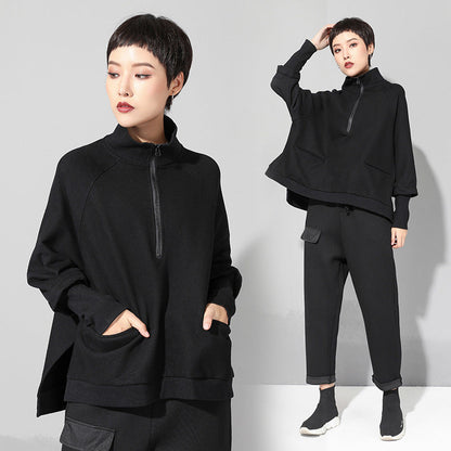 Fashion Black Zipper Long Sleeves Cropped T-shirt