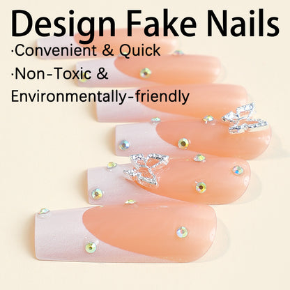 White French Tip Butterfly Crystal Nail Tips