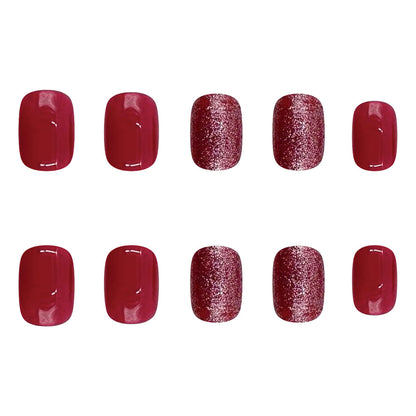 Rose Red Short Oval Luxury Glitter Nails