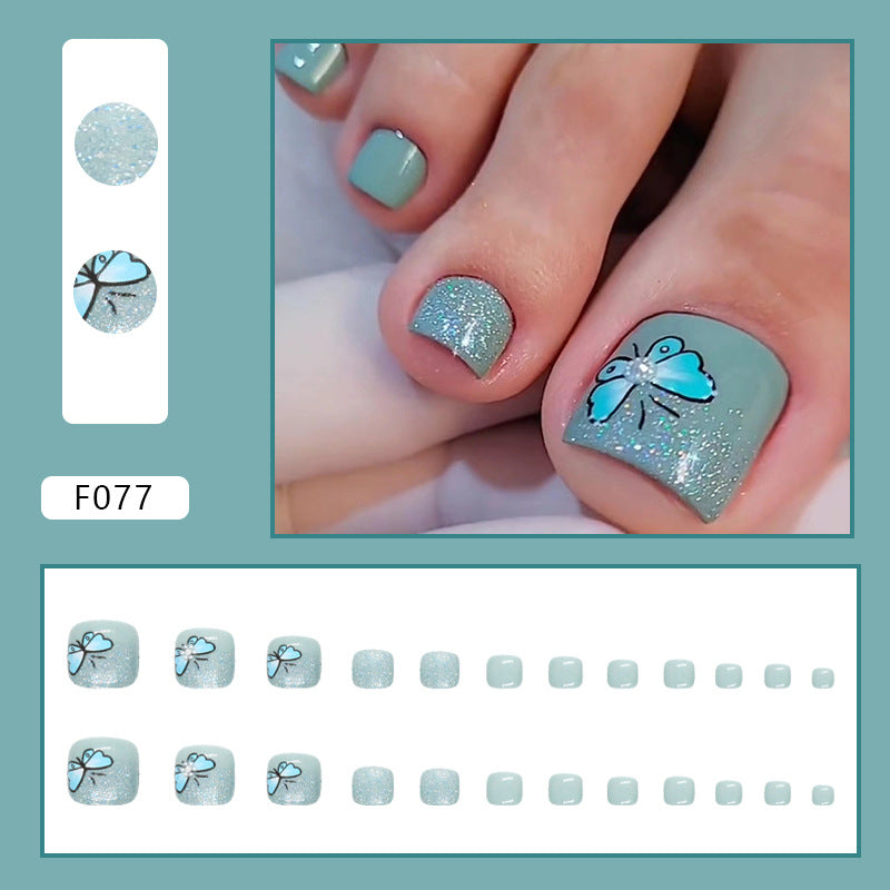 Spring/Summer New Haze Green Shiny Nails, Silver Blue Butterfly, Foot Nails-Homeunderwear