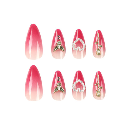 Red Gradient Gold Rose Nail Art with Pearls