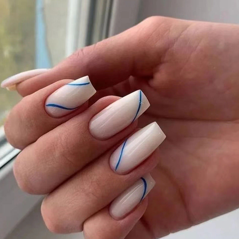 Mid-Length Ballet Nails, Deep Blue Irregular Stripes, INS Style