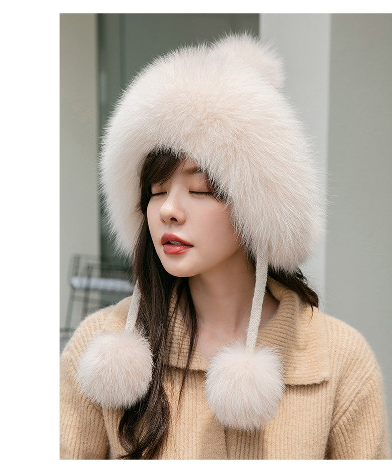 Winter Fox Fur Lined Beanie - Cozy & Cute Earflap Hat