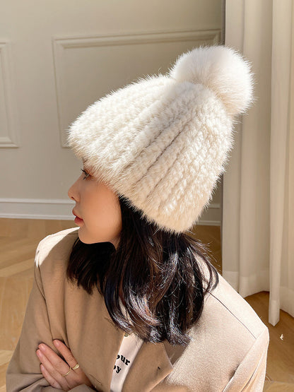 Versatile Mink Fur Knit Winter Hat with Fox Pom Pom