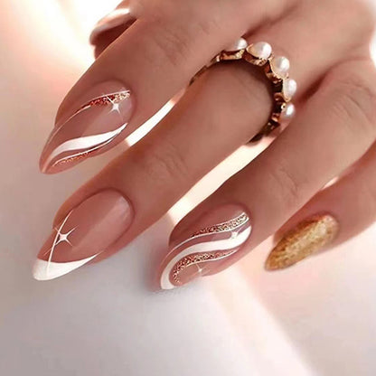 White Star Ripple Flashy Champagne Almond Nails Euro Wearable Nails Wholesale