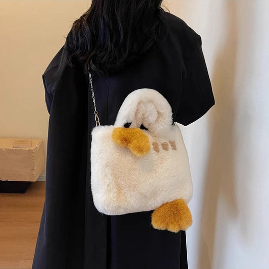 Cute Swan Fuzzy Tote Bag - Winter Shoulder Handbag