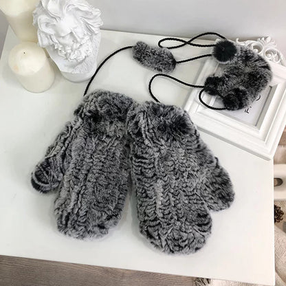 Cute Real Rabbit Fur Mittens - Winter Neck Strap Gloves"