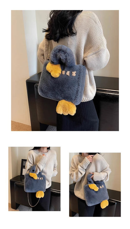 Cute Swan Fuzzy Tote Bag - Winter Shoulder Handbag