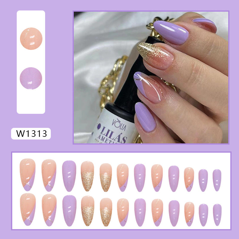 Ultra-Shiny Gradient Almond Nails with Purple Ombre French Tips