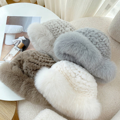 Cute Real Rabbit Fur Hat with Fox Trim - Winter Warmth