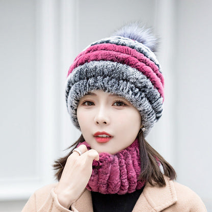 Warm Real Rabbit Fur Ear Flap Hat & Scarf Set