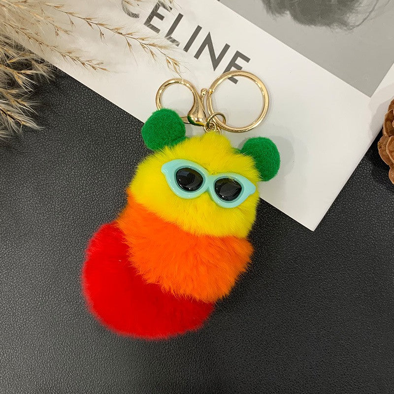 Cute Real Rabbit Fur Caterpillar Bag Charm - Keychain Accessory