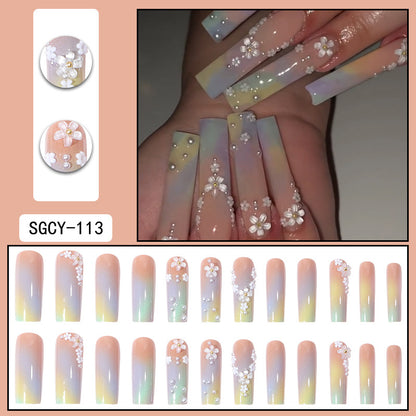 Long Ombre Gradient Nails with White Flowers and Pearls