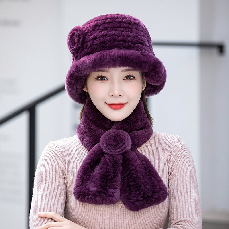 Warm Real Rabbit Fur Hat & Scarf Set - Ear Flap Design