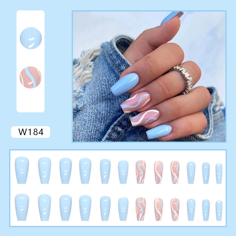 Export-Grade Fake Nails 24-Piece Box Summer Fresh Blue Mid-Length Ballet Salt Wave Ins Style-homeunderwear