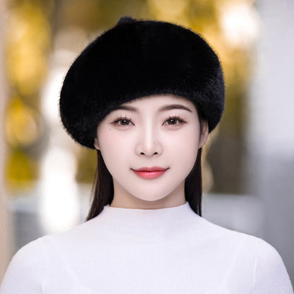 Women's Winter Fashion Water Mink Fur Beret Thick Warm Octagonal Hat