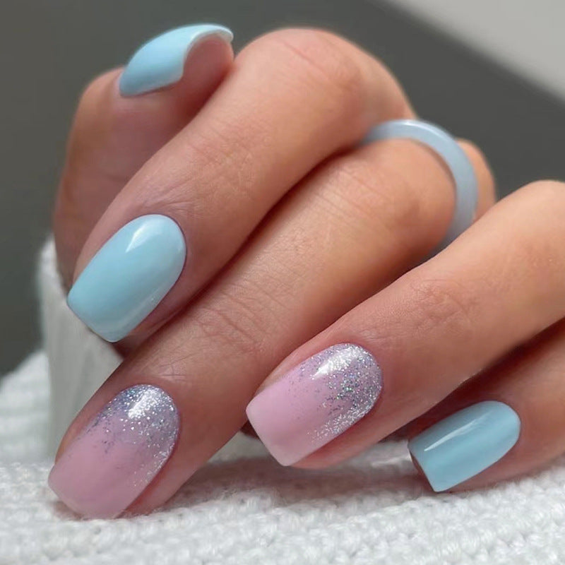 Solid Blue Nails, Fresh with Pink Glitter Accen