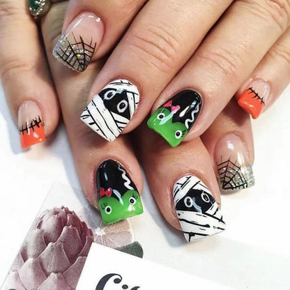 Halloween Cartoon Mummy Kappa Silver Glitter Nail Tips